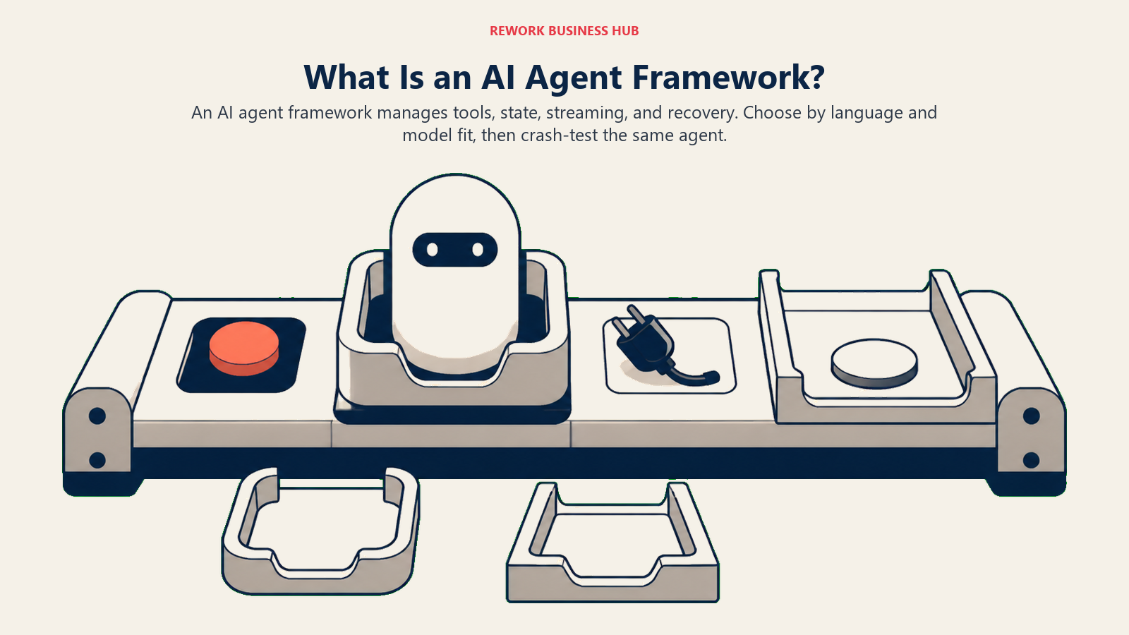 AI agent framework crash-test bench showing tool execution, a retained checkpoint, and restart recovery across interchangeable SDK cradles