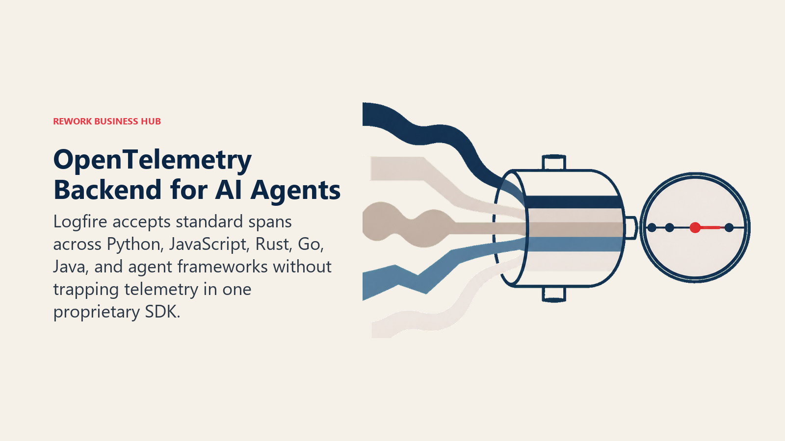 OpenTelemetry Backend for AI Agents shown as polyglot telemetry funnel into one trace vessel
