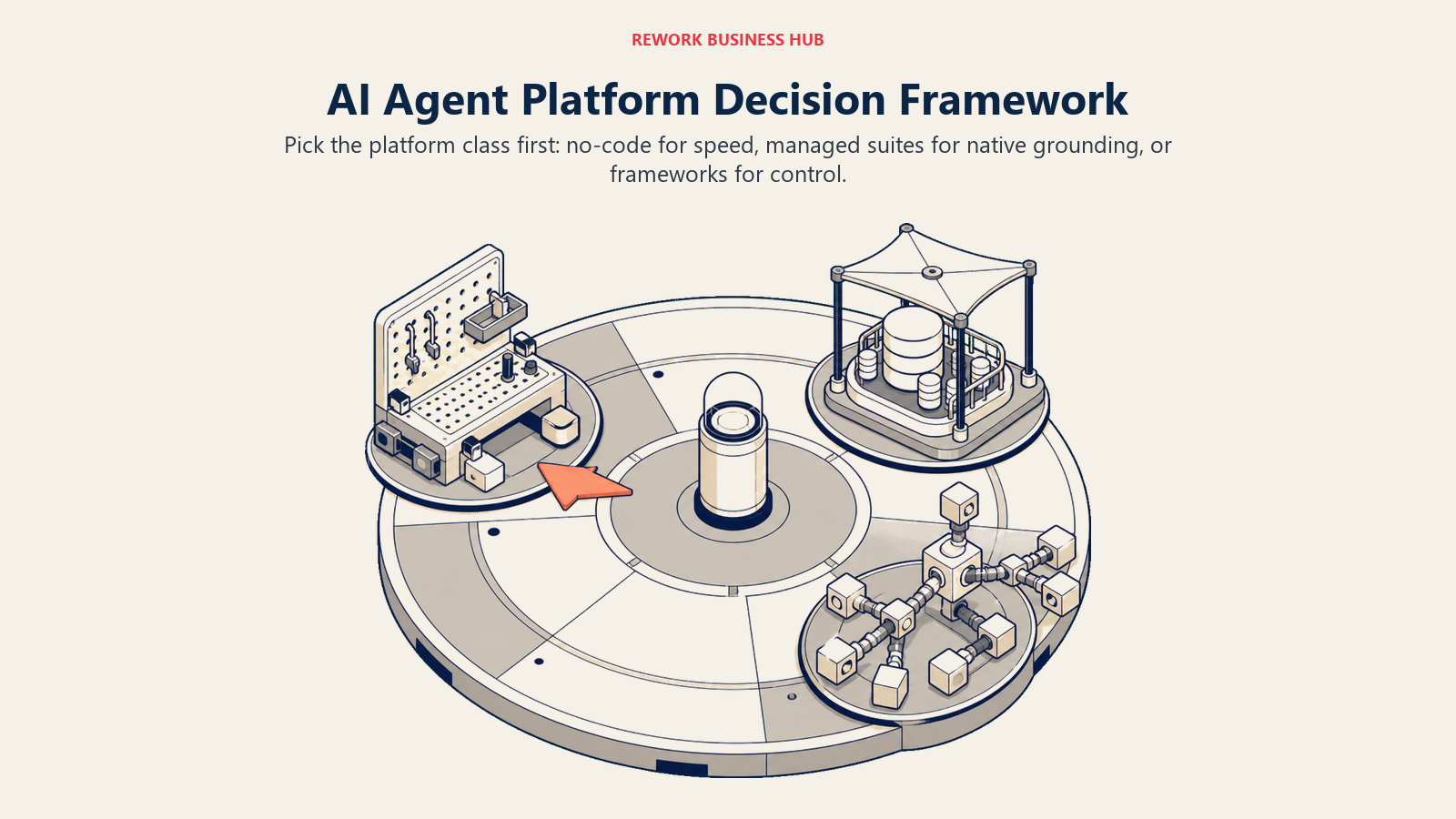 AI agent platform decision framework shown as a top-down turntable selecting no-code, managed-suite, or developer-framework mounts