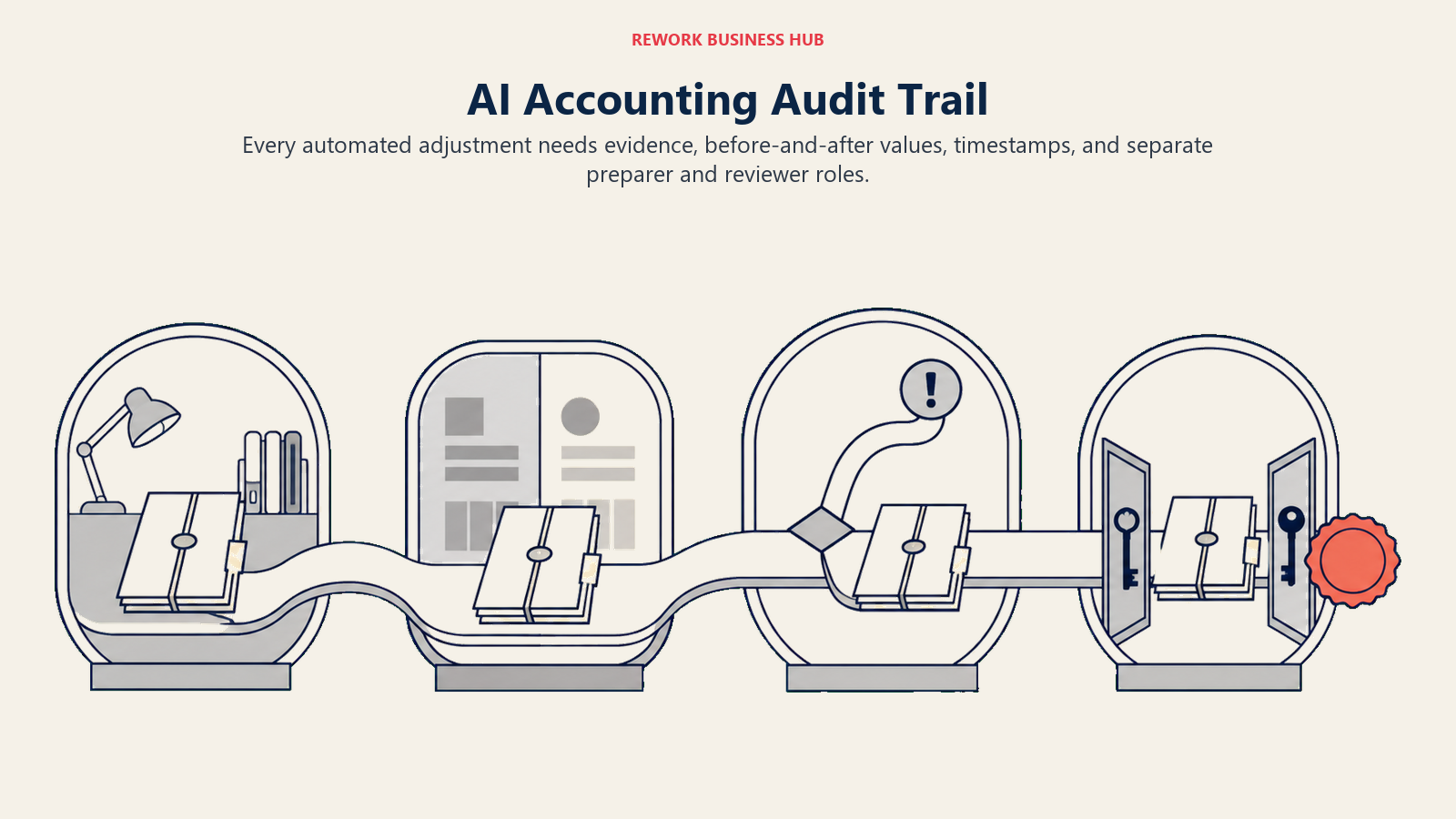 AI accounting audit trail shown as one evidence ribbon moving through change capture, exception review, and final sign-off