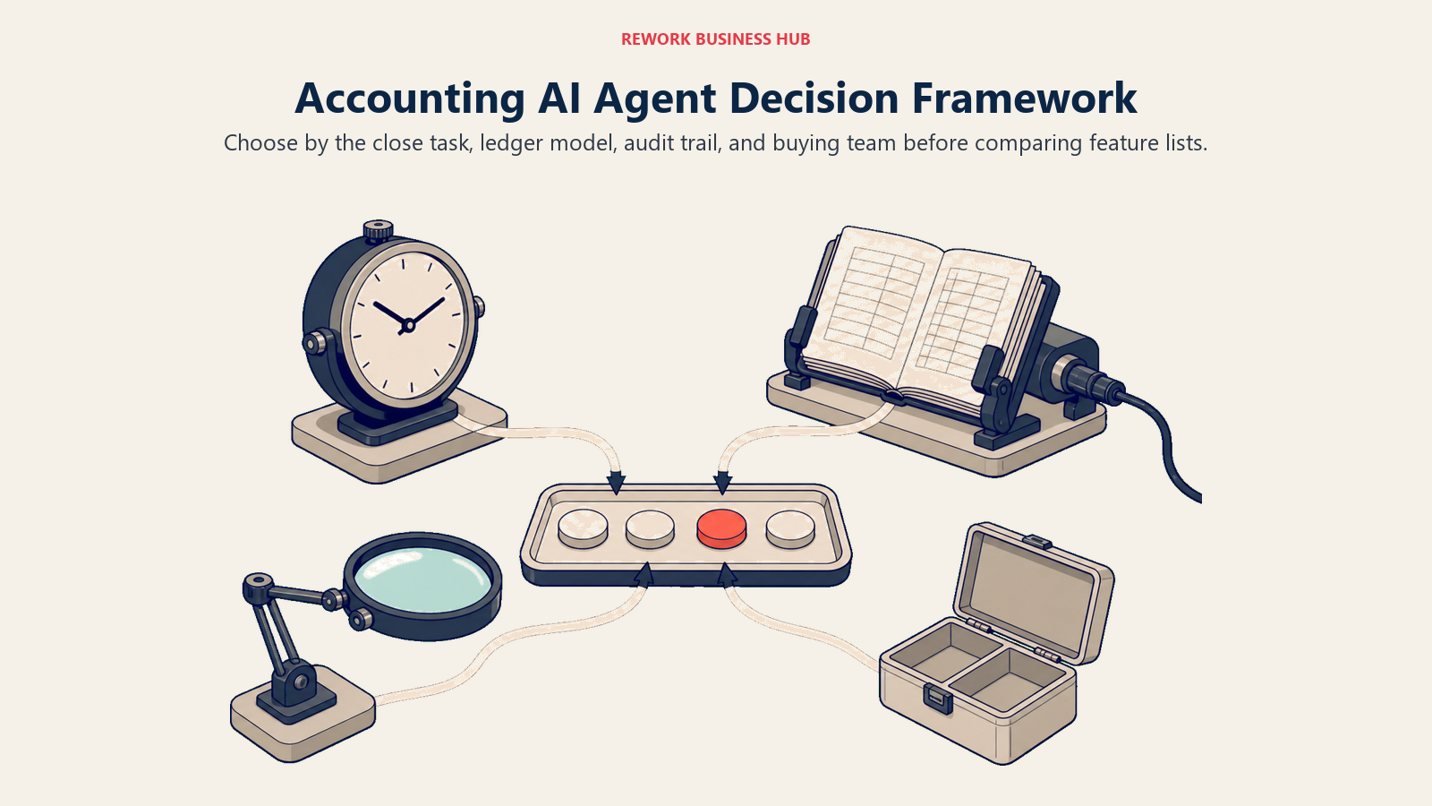 Accounting AI agent decision framework shown as four inspection instruments converging on one shortlist tray