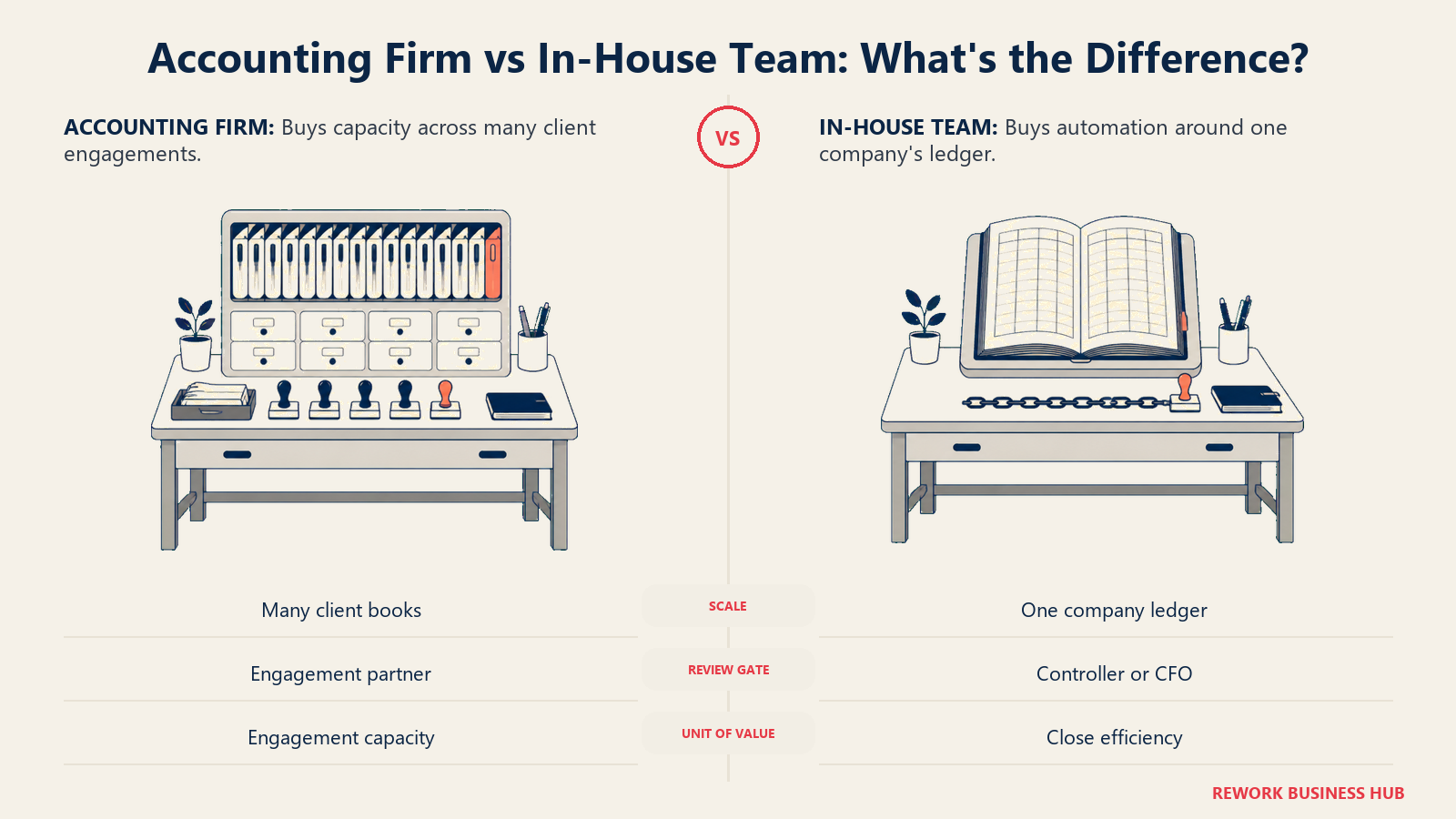 Accounting firm and in-house team buying models compared through a multi-client engagement cabinet and a single-company ledger desk