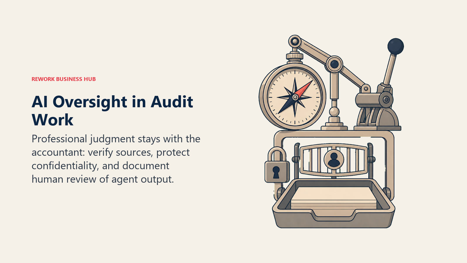 AI audit oversight represented by a judgment compass controlling an agent output tray and review lock