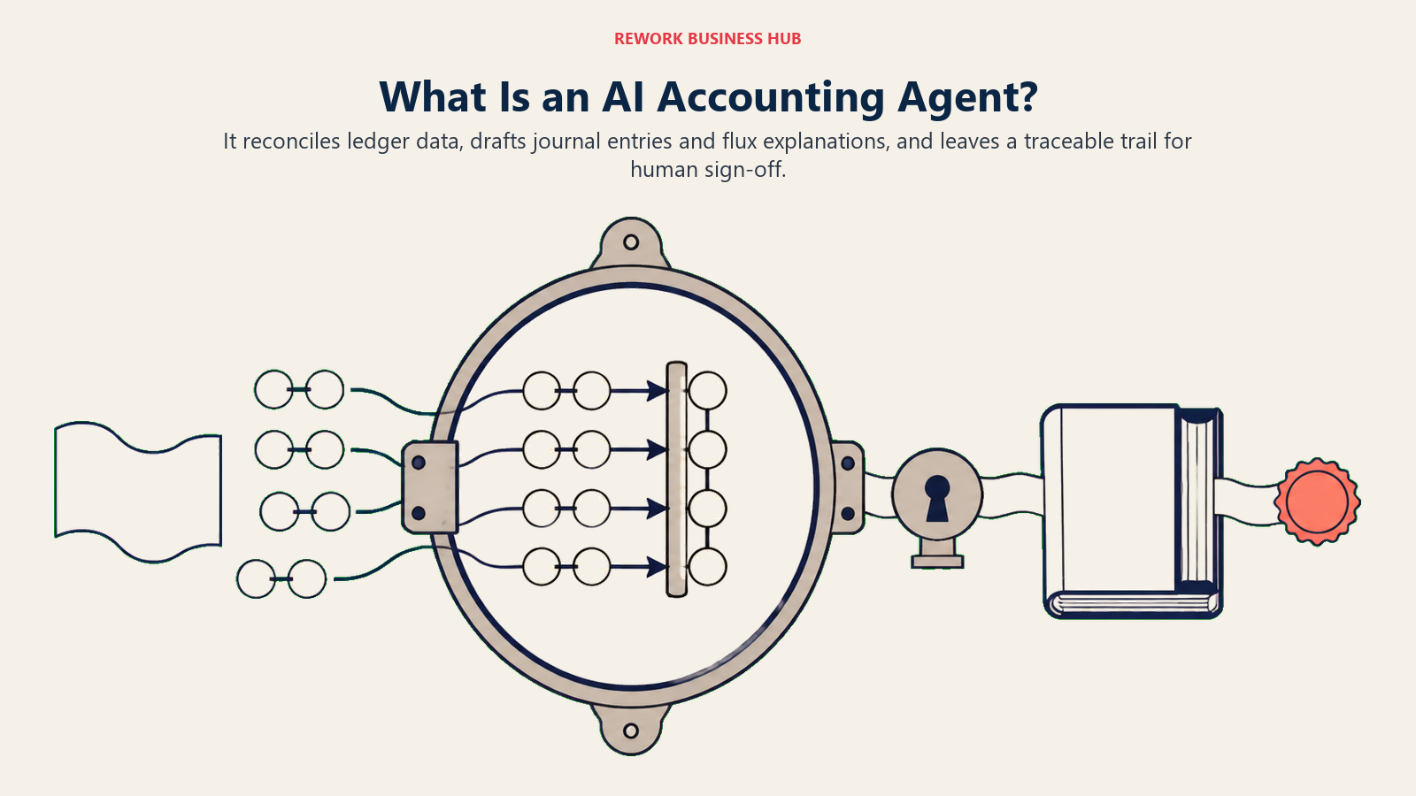 AI accounting agent shown as a month-end close mechanism aligning ledger activity and preserving an audit trail for human sign-off