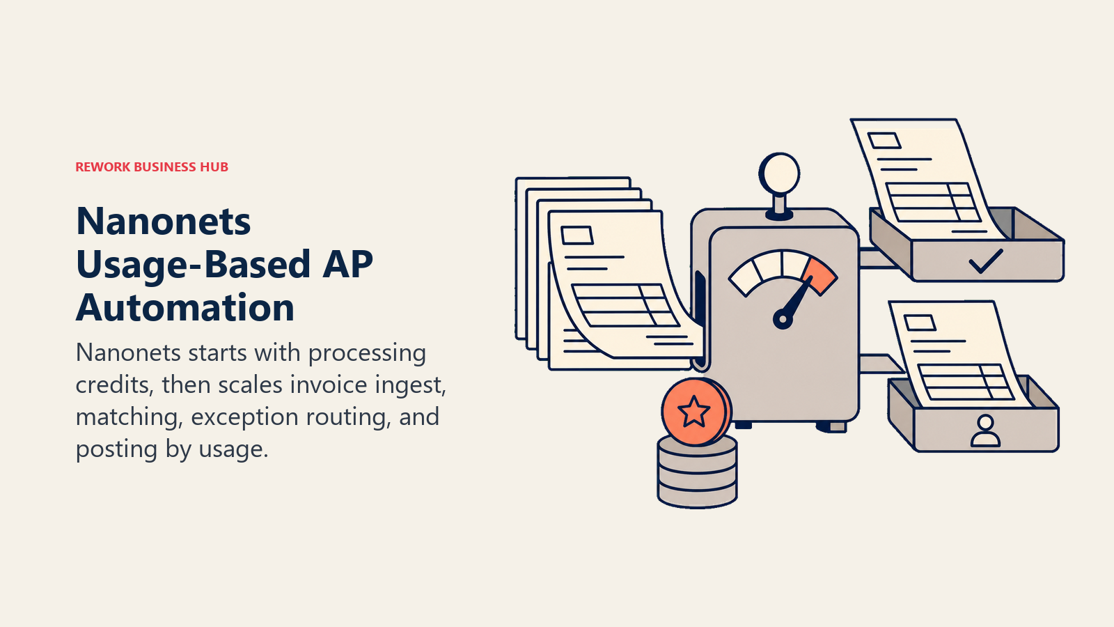 Nanonets usage-based AP automation shown as invoice blocks advancing through a credit meter and exception tray
