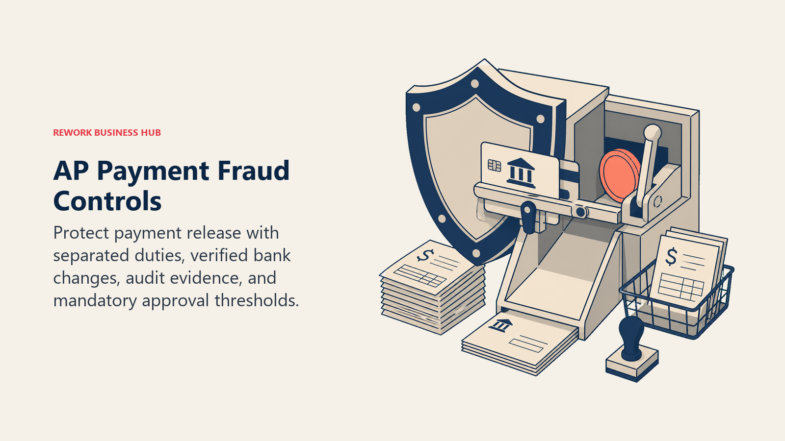 AP payment fraud controls shown as a shield over a vendor bank-change and payment release gate