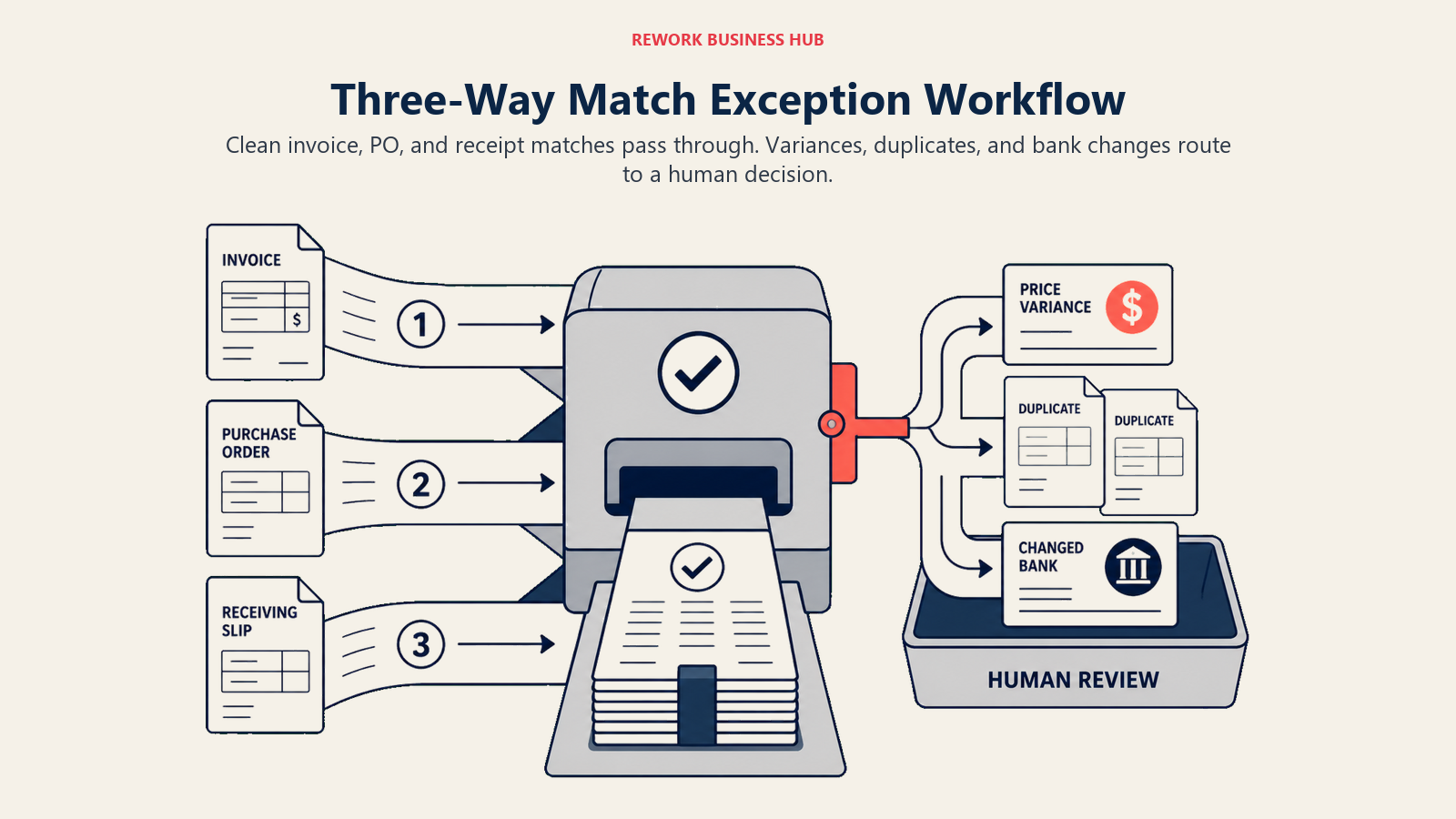 Three-way match exception workflow with invoice, purchase order, and receipt meeting at a human review gate