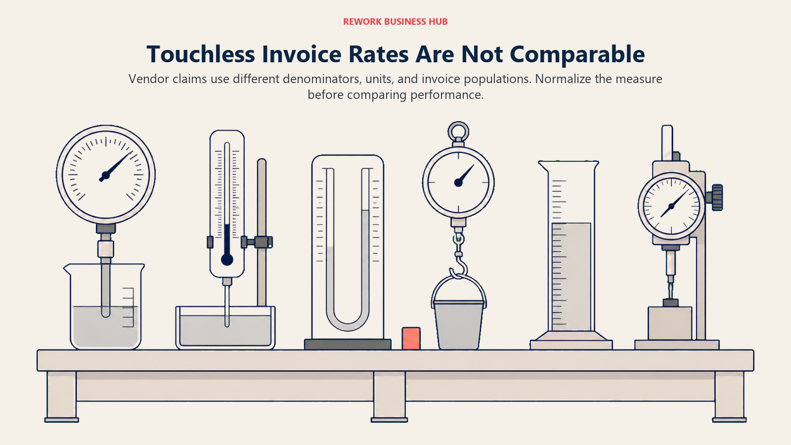 Touchless invoice rate comparison showing different vendor measures on mismatched gauges