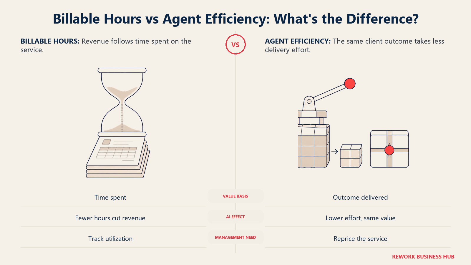 Billable hours vs agent efficiency shown as time-based invoicing and compressed delivery with the same outcome