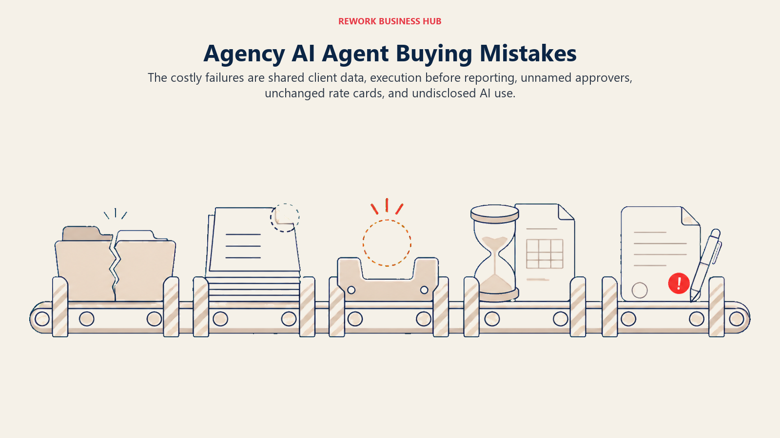Agency AI agent buying mistakes shown as client-data, reporting, approval, pricing, and disclosure hazards