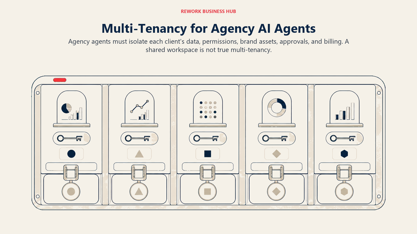 Multi-tenancy for agency AI agents shown as isolated client workspaces inside one agency cabinet