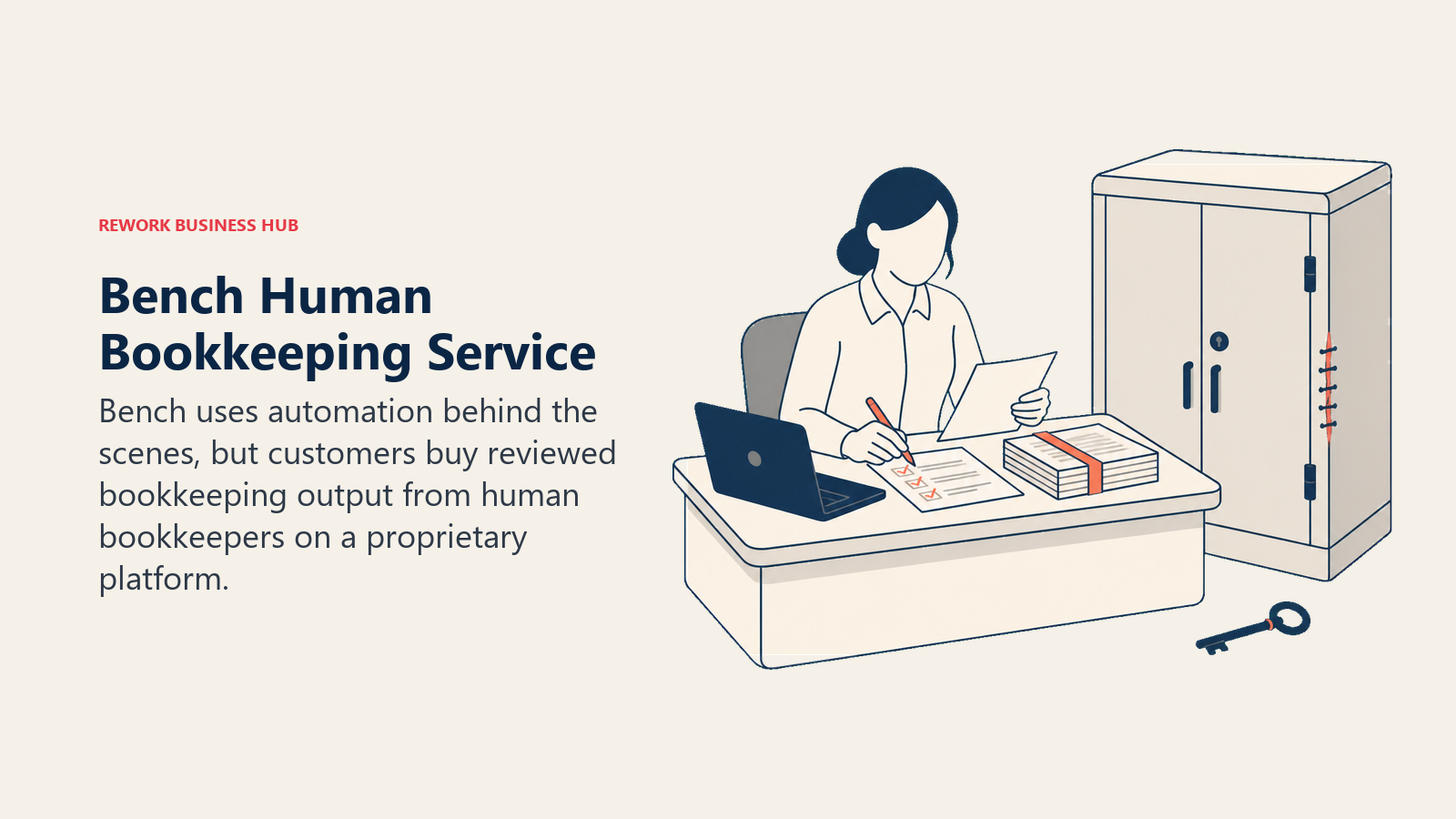 Bench bookkeeping service visual showing a human review desk beside a proprietary ledger cabinet and export key