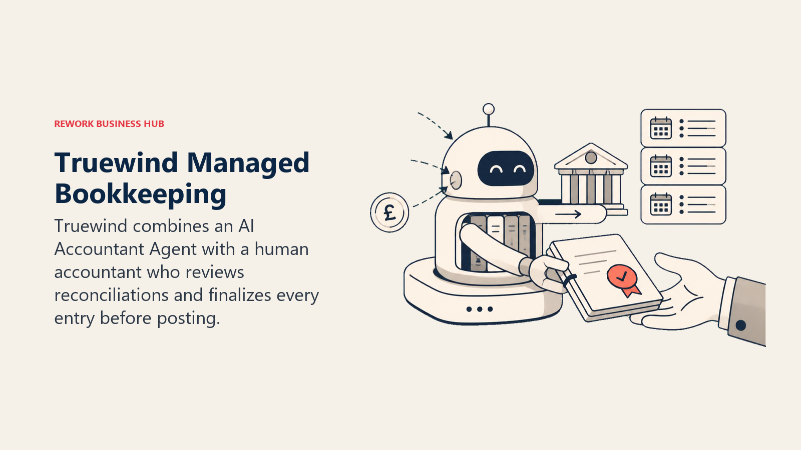 Truewind managed bookkeeping visual showing AI-drafted reconciliations handed to a human accountant for final approval