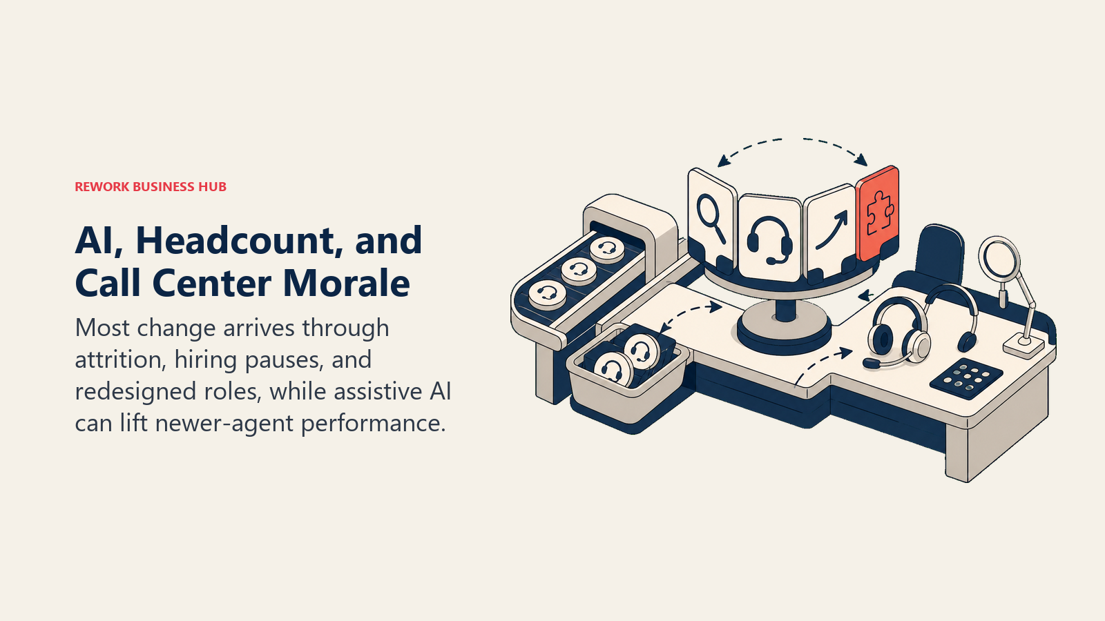 Call center AI workforce change shown as a staffing bench rotating repetitive call modules into coaching and exception work