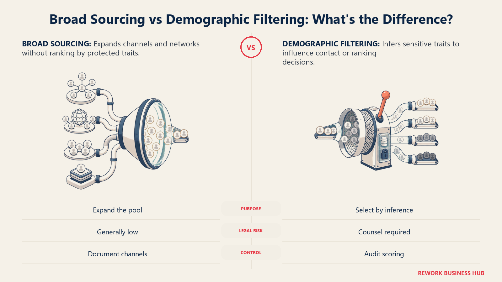 Broad candidate sourcing across more channels compared with demographic inference used to rank or contact candidates