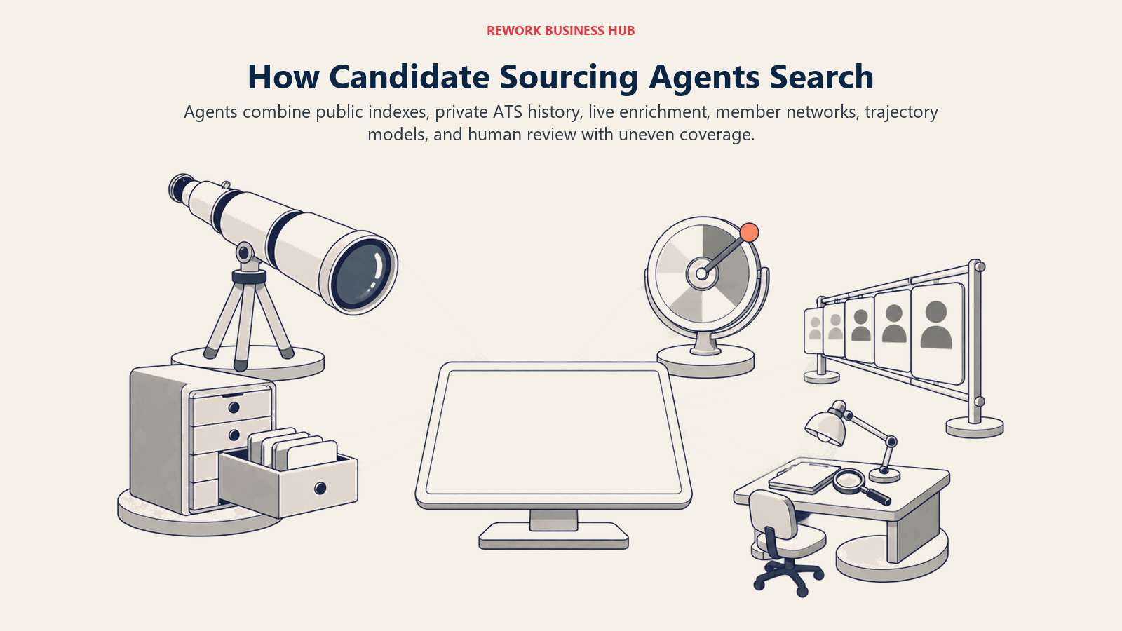 Candidate sourcing search engines drawing from public profiles, private ATS records, live refresh agents, member networks, and human-reviewed databases