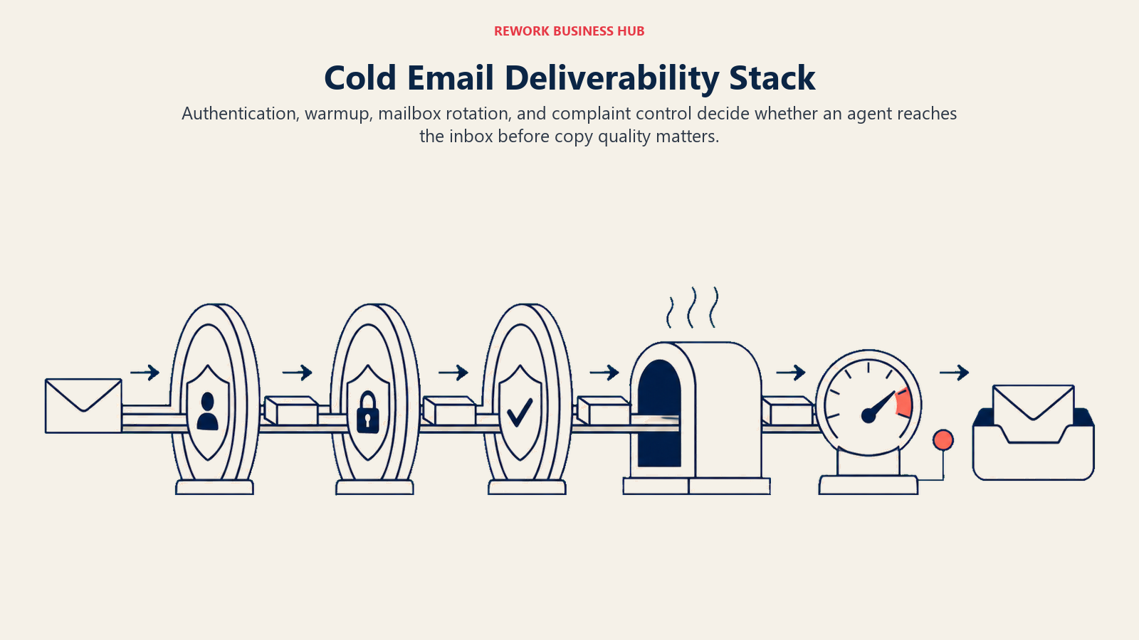 Cold Email Deliverability Stack shown as authenticated mail relay with reputation checkpoint