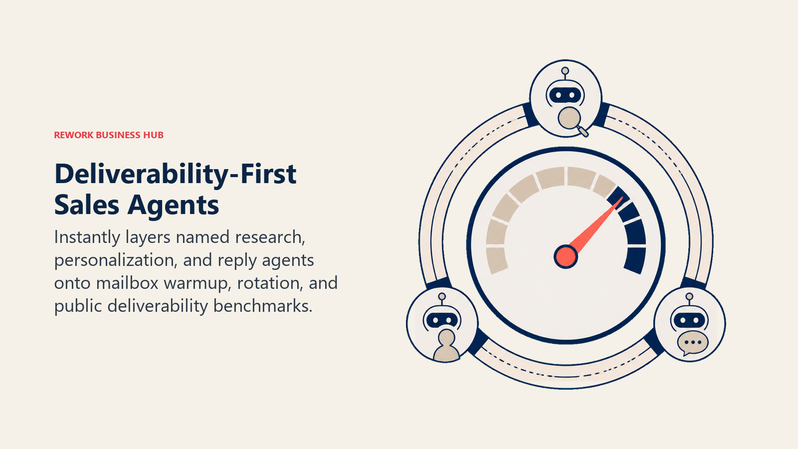 Deliverability-First Sales Agents shown as mailbox reputation instrument with three agent capsules