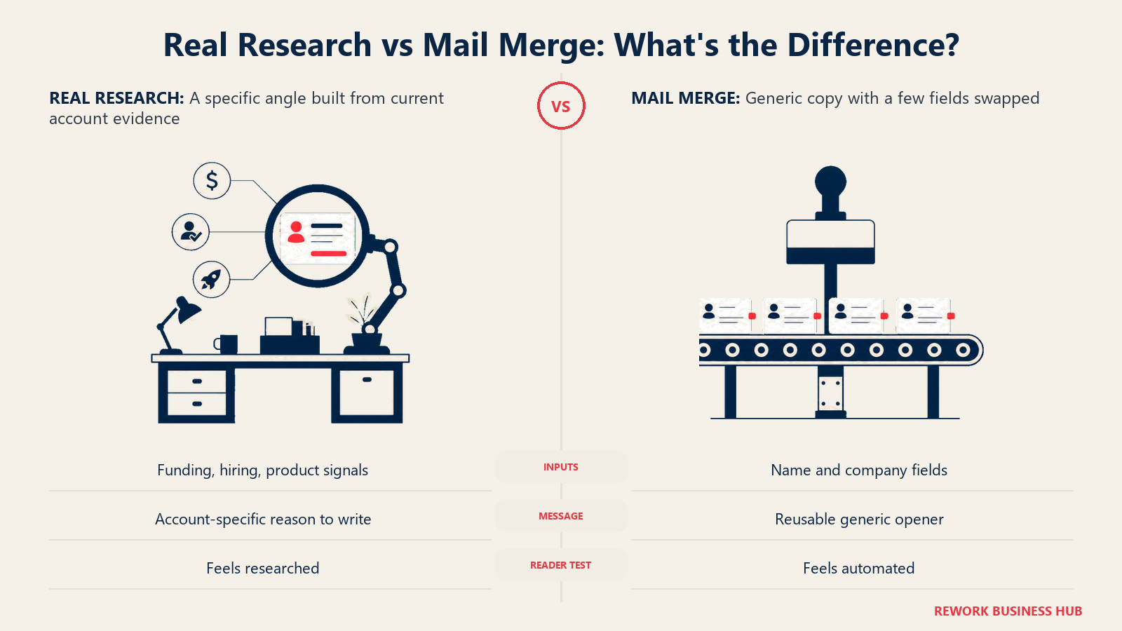 Real Research vs Mail Merge: What's the Difference? shown as evidence desk and rubber-stamp conveyor