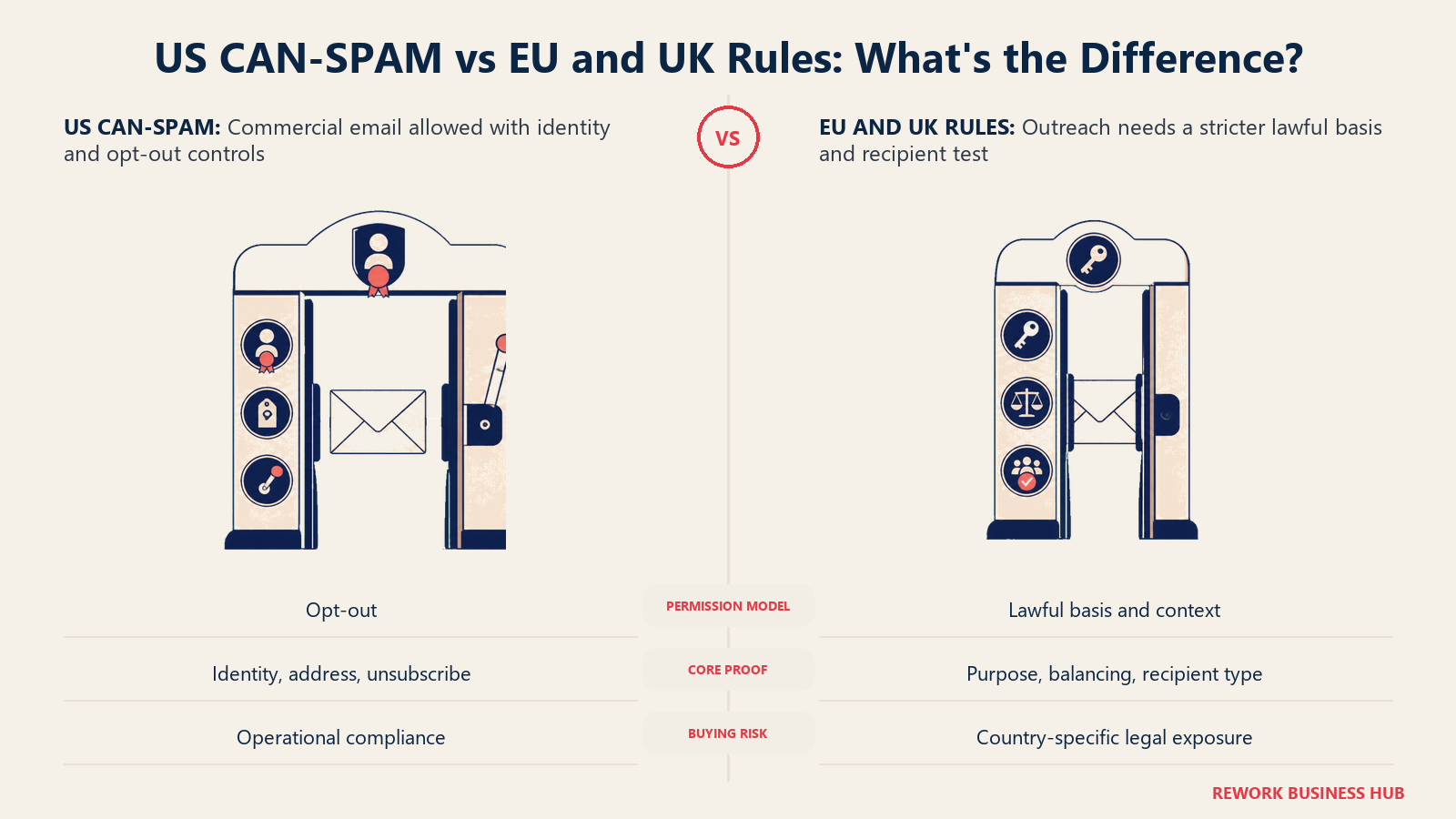 US CAN-SPAM vs EU and UK Rules: What's the Difference? shown as two compliance gates with different entry tests