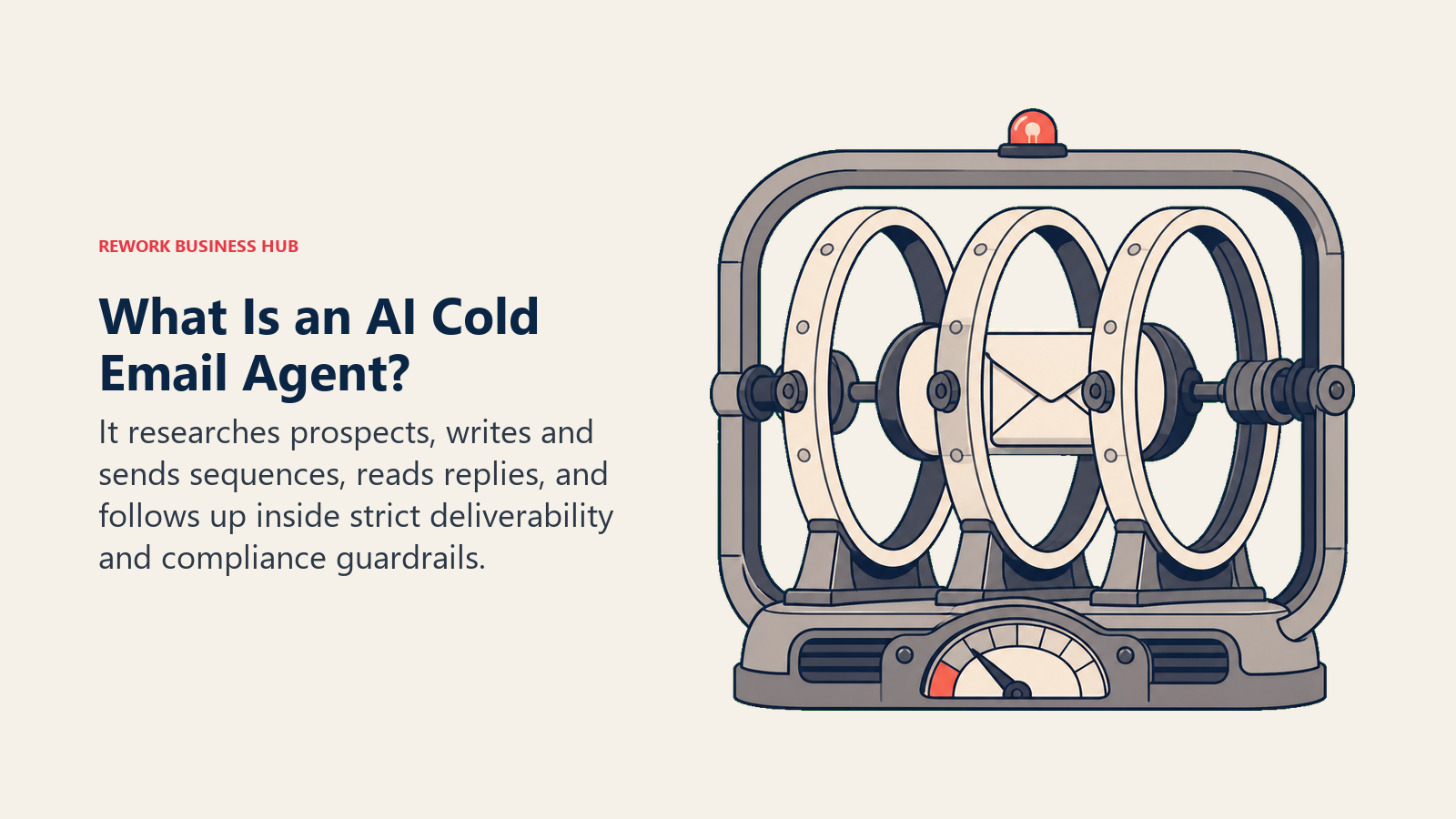 AI cold email agent shown as a sealed mail relay with authentication rings, a sender reputation gauge, and a reply beacon