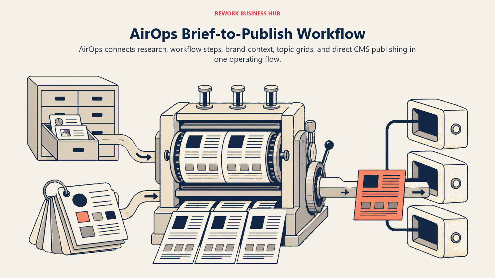 AirOps brief-to-publish workflow connecting research, brand context, topic grid, and CMS delivery