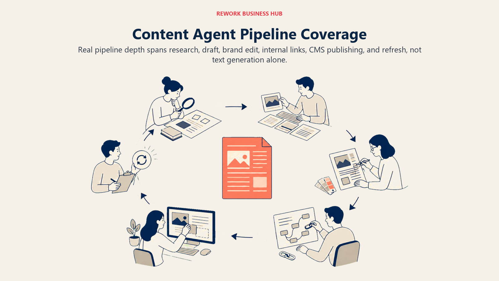 Content agent pipeline coverage showing six stages from research through publishing and refresh
