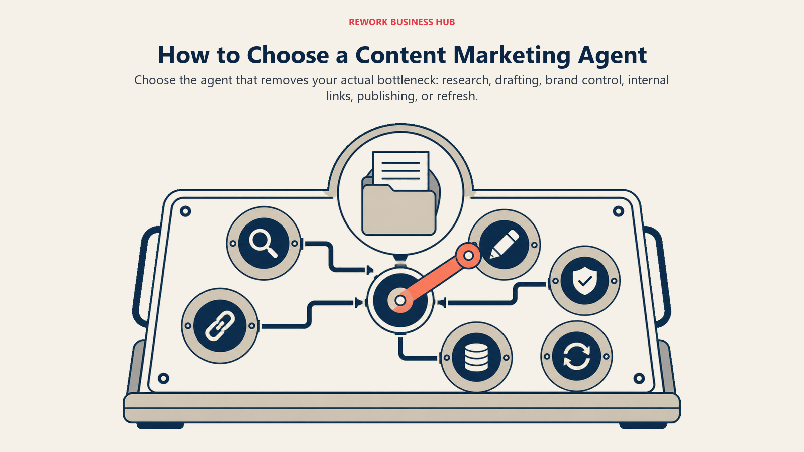 Content marketing agent decision framework routing teams to research, drafting, brand, links, publishing, and refresh