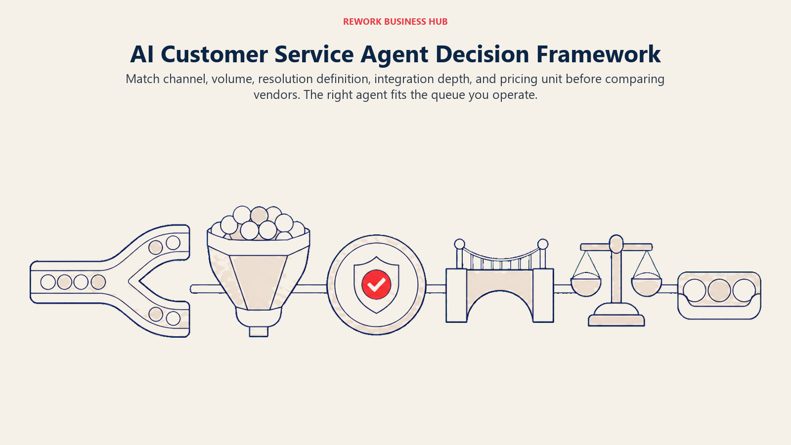AI customer service agent decision framework with five buyer gates leading to a shortlist