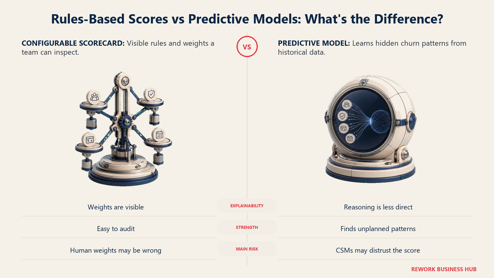 Configurable customer health scorecards compared with predictive churn models for explainability and pattern detection
