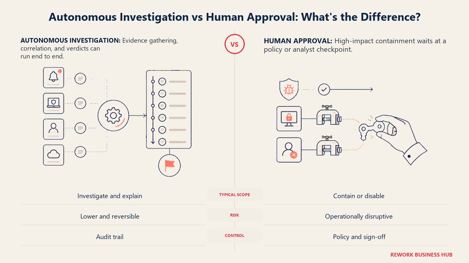 Autonomous security investigation versus human approval comparison showing an evidence engine beside a containment gate
