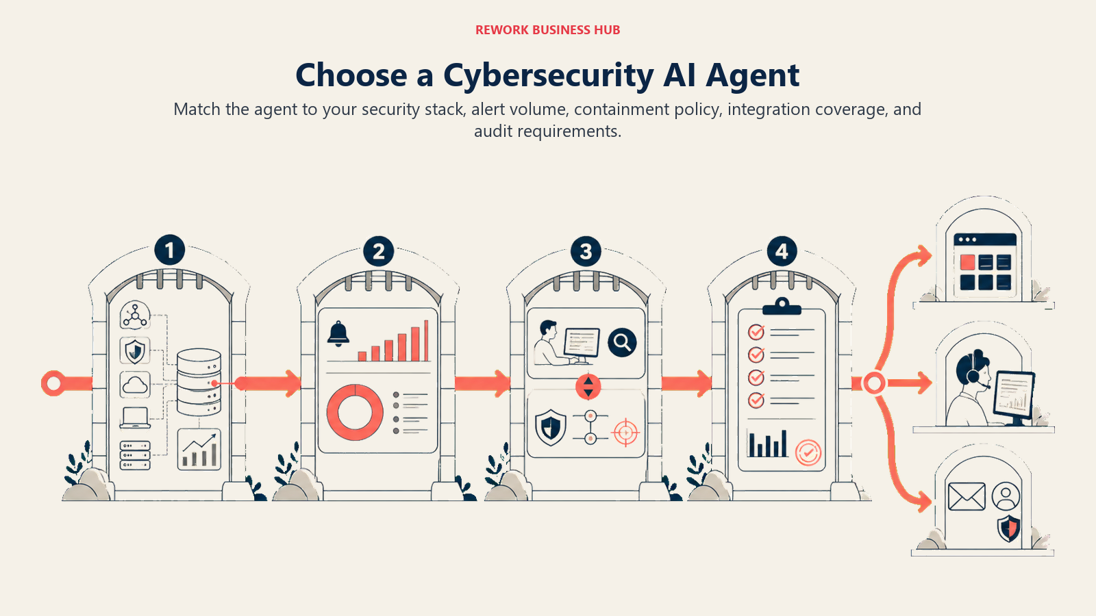 Cybersecurity AI agent decision framework showing stack fit, alert volume, containment policy, integrations, and audit requirements