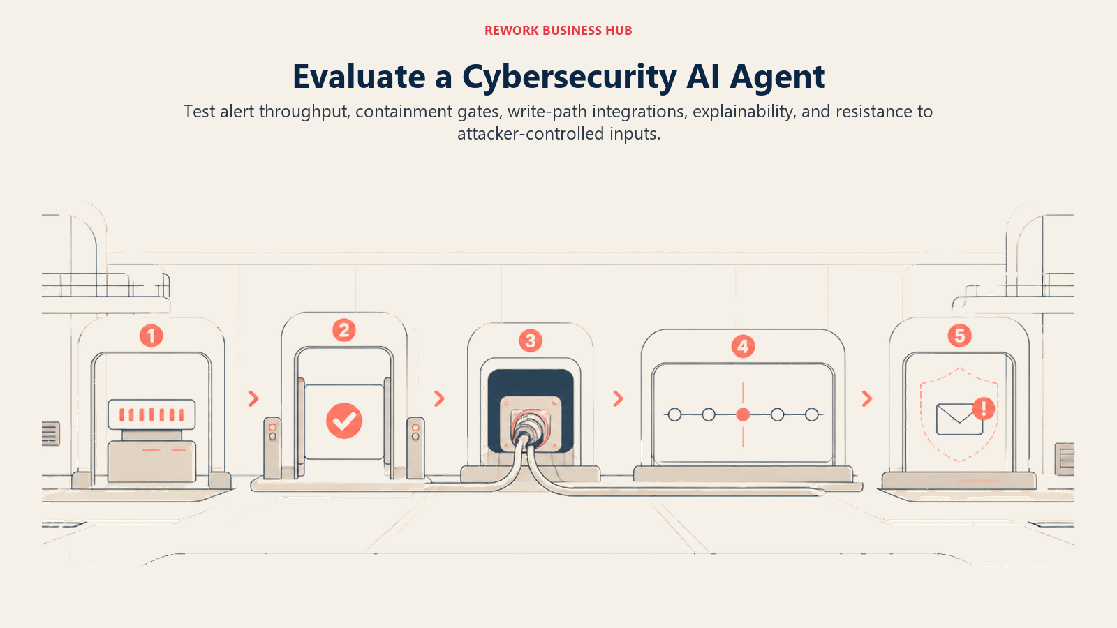 Cybersecurity AI agent evaluation visual showing throughput, approval gates, integrations, audit trail, and hostile-input testing