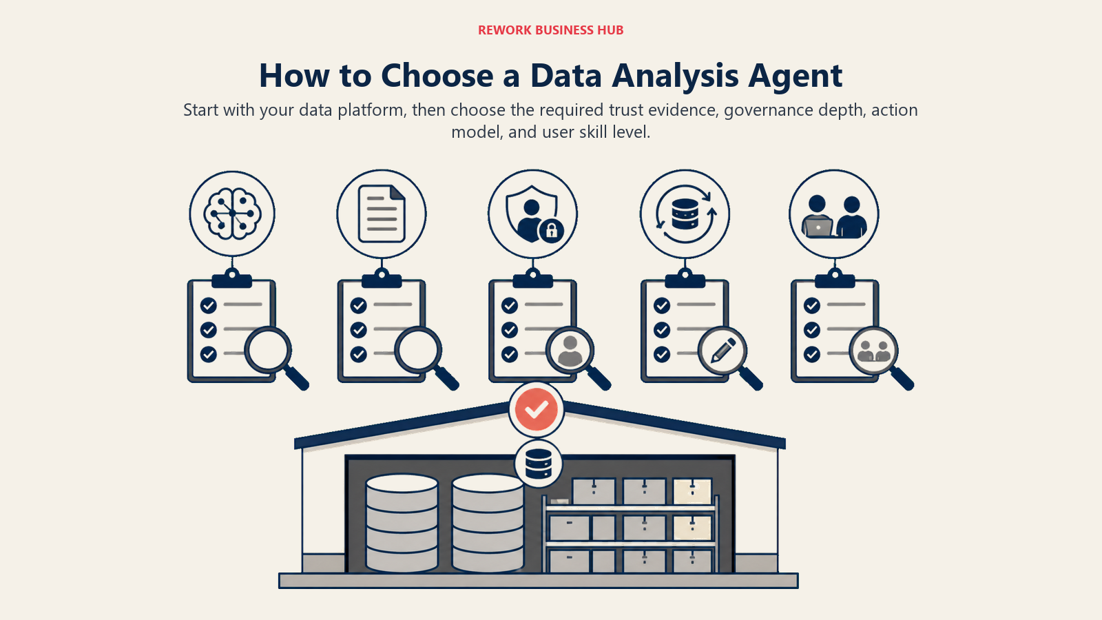 Data analysis agent decision framework routing buyers by platform, trust, governance, action, and user skill