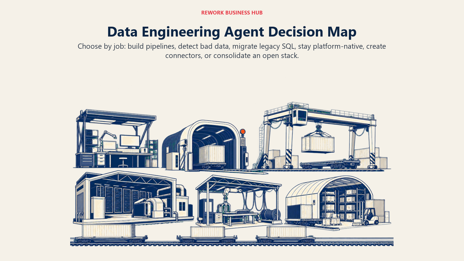 Data engineering AI agent decision map for code generation, observability, migration, platform-native pipelines, connectors, and open source