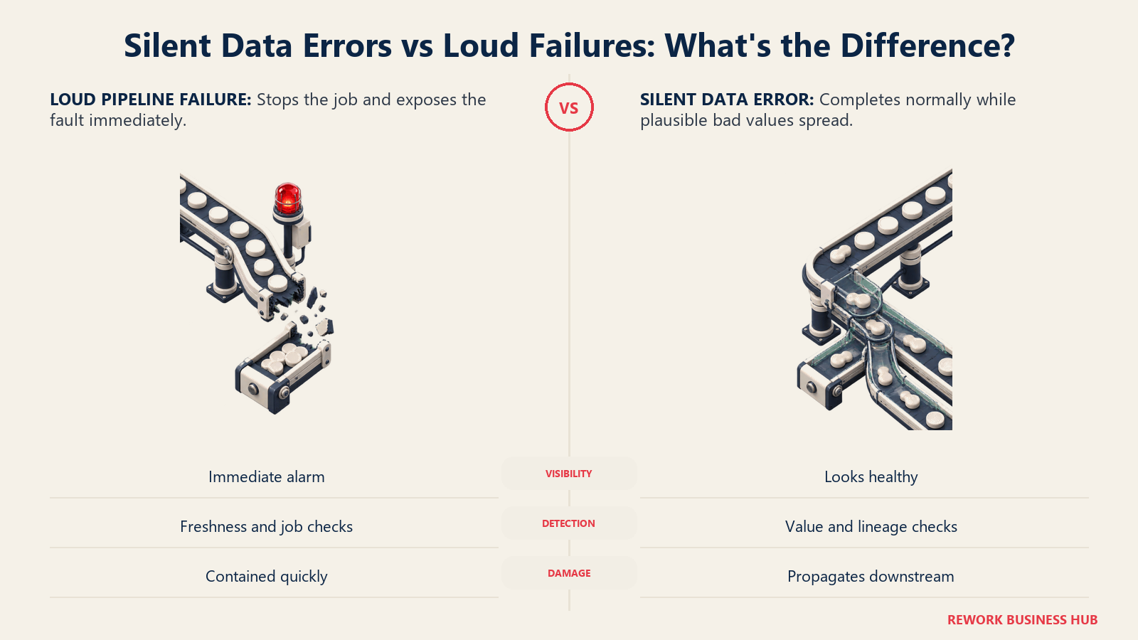 Loud pipeline failure with an immediate alarm compared with a silent data error that keeps flowing into downstream decisions