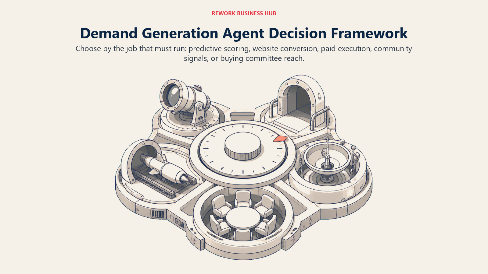 Demand generation agent decision selector matching predictive scoring, website conversion, paid media, community signals, and buying committee targeting to different operating bays