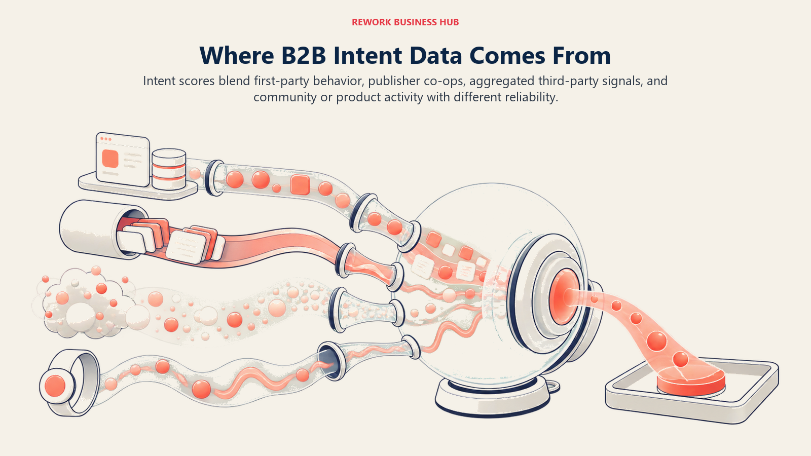 Four intent data tributaries from first-party activity, publisher co-ops, aggregated signals, and community usage entering one account scoring lens