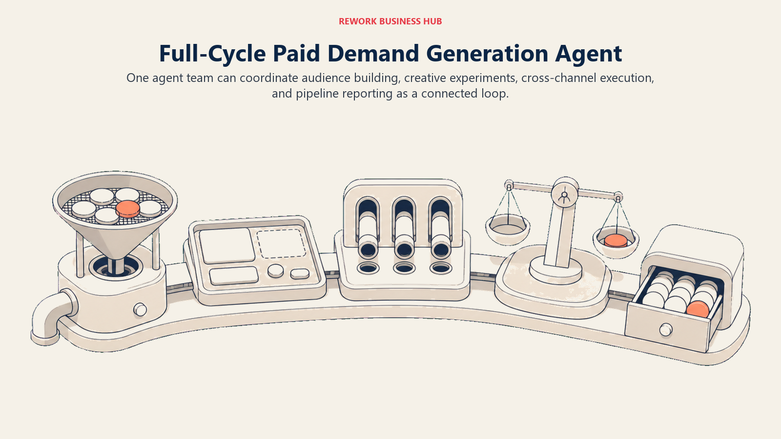 Paid demand generation agent team moving from audience selection through creative experiments and cross-channel execution into pipeline reporting