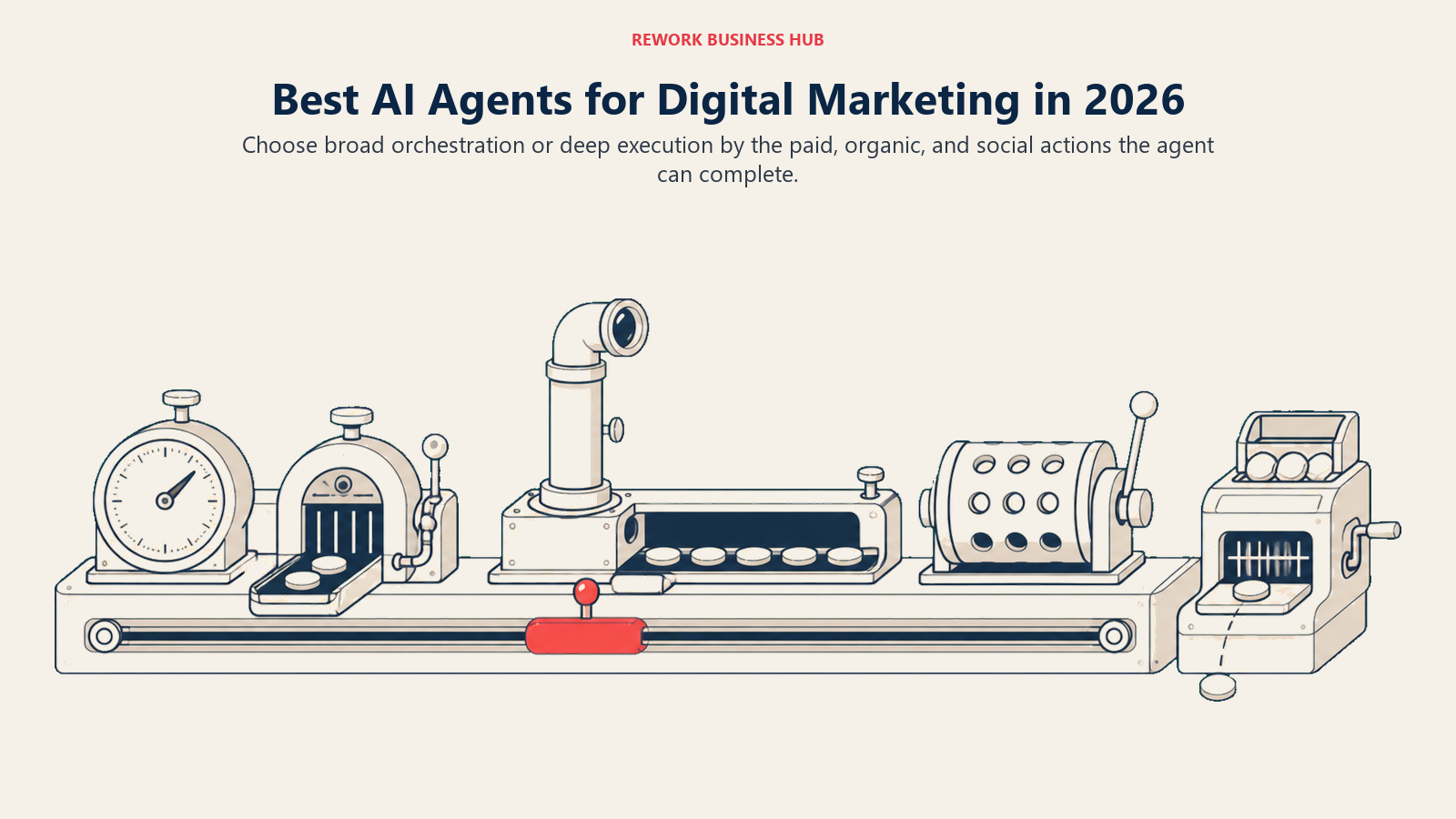 Best AI agents for digital marketing shown as a dispatch bench choosing between paid, organic, and social execution