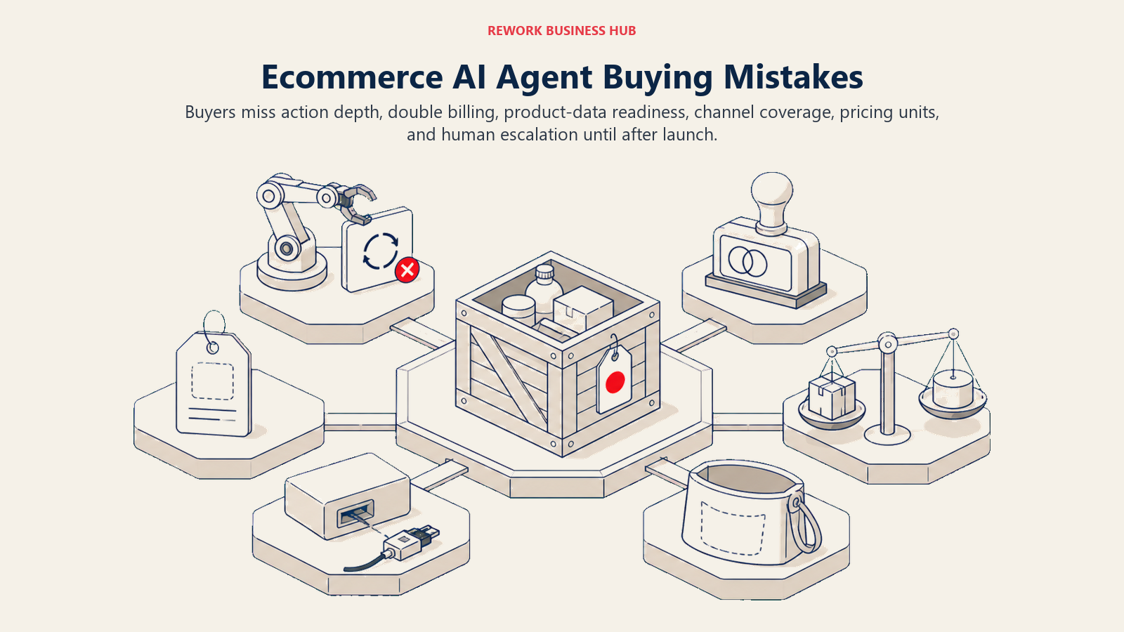 Ecommerce AI agent buying mistakes shown as failed checks for action, billing, product data, channels, pricing, and escalation