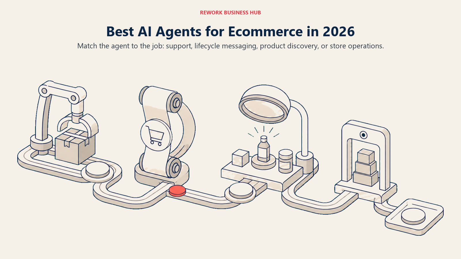 Best AI agents for ecommerce shown as one order journey through support, lifecycle, discovery, and store operations