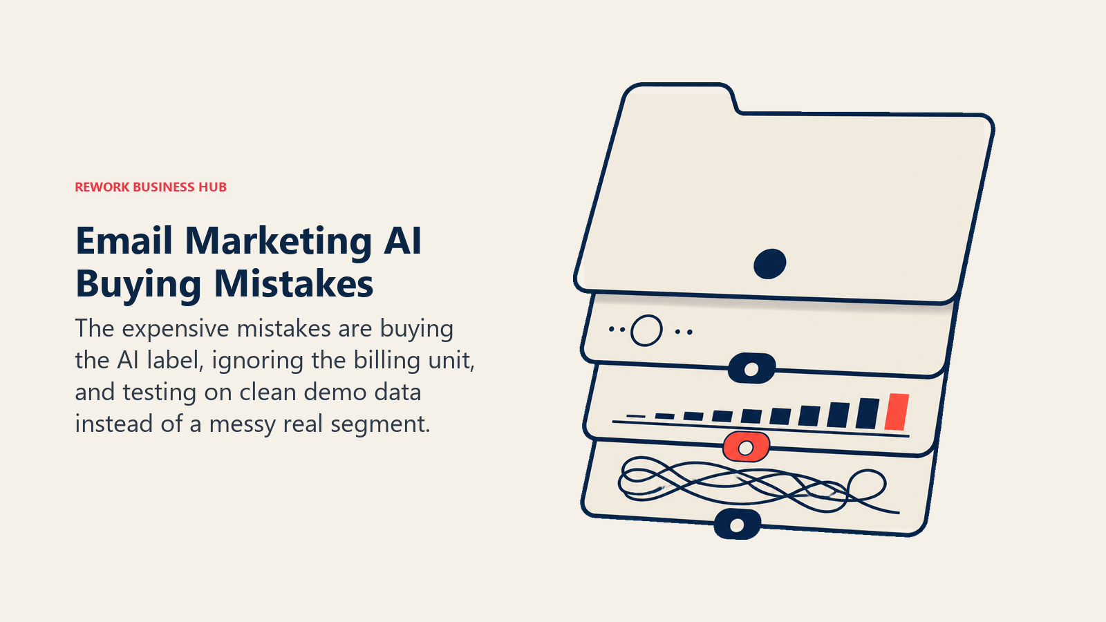 Email Marketing AI Buying Mistakes shown as campaign contract with three hidden trap tabs