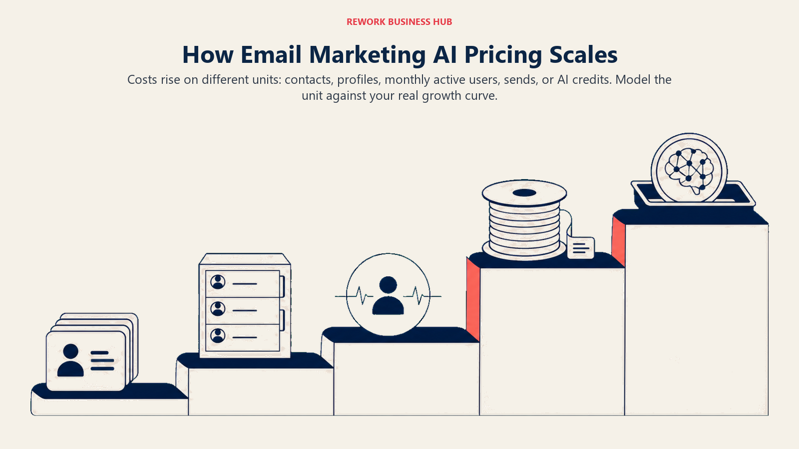 How Email Marketing AI Pricing Scales shown as five-unit pricing staircase