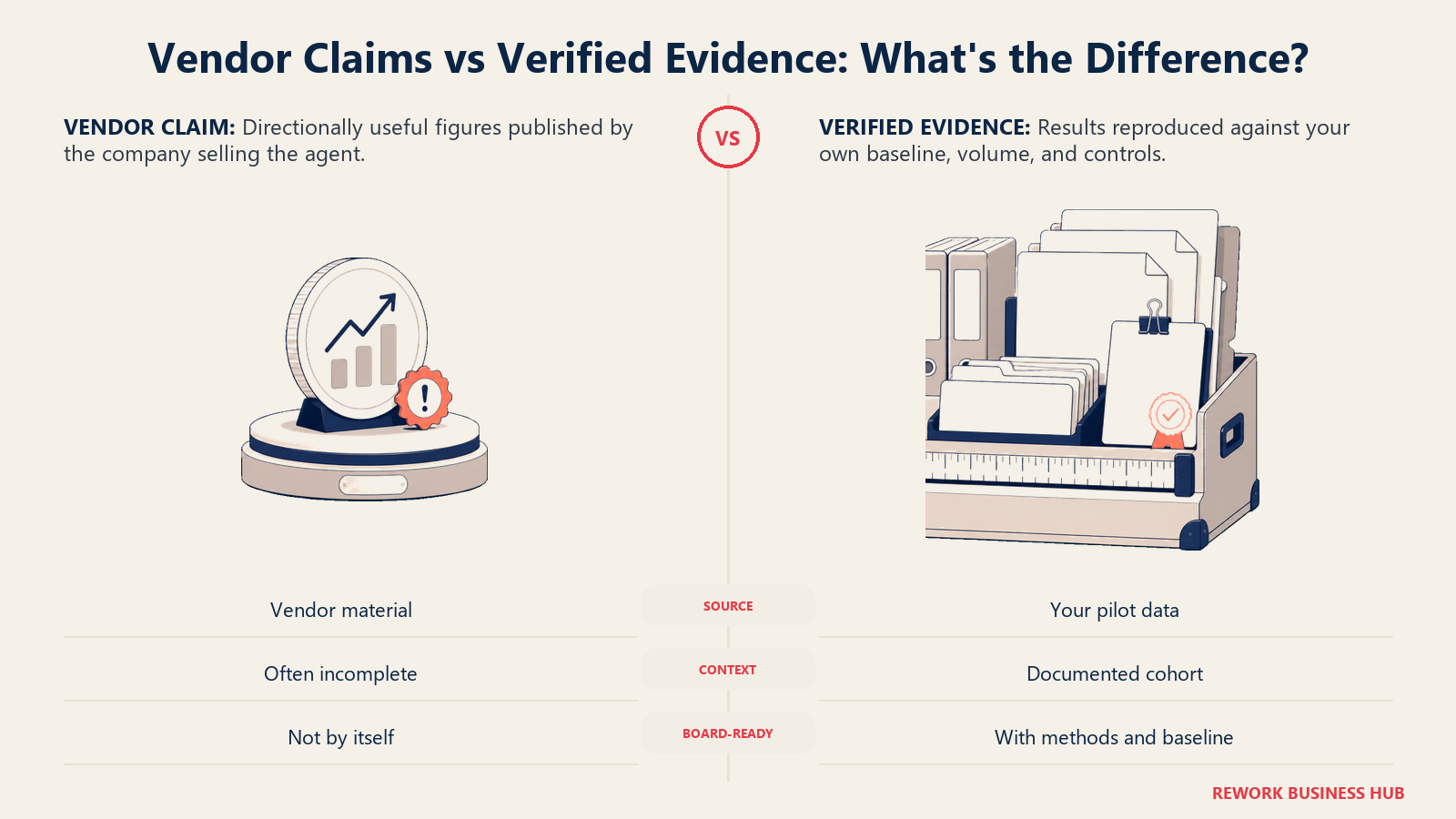Vendor claims versus verified evidence comparison showing a polished performance claim beside a traceable pilot evidence archive