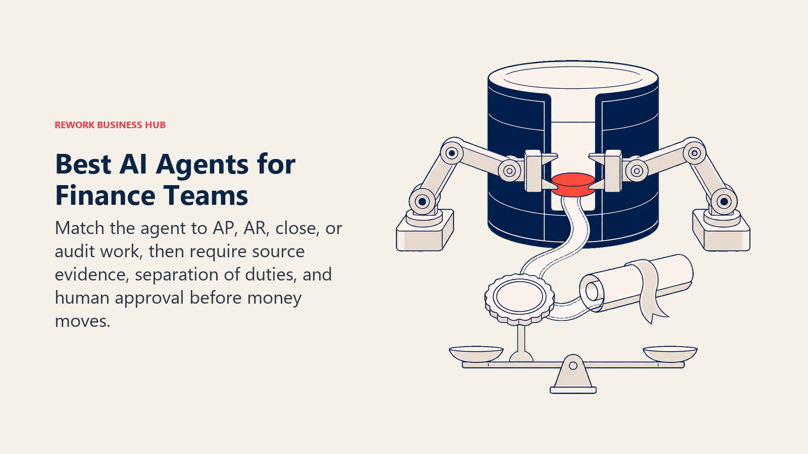 Best AI agents for finance teams shown as a controlled ledger with source evidence and separate approval keys
