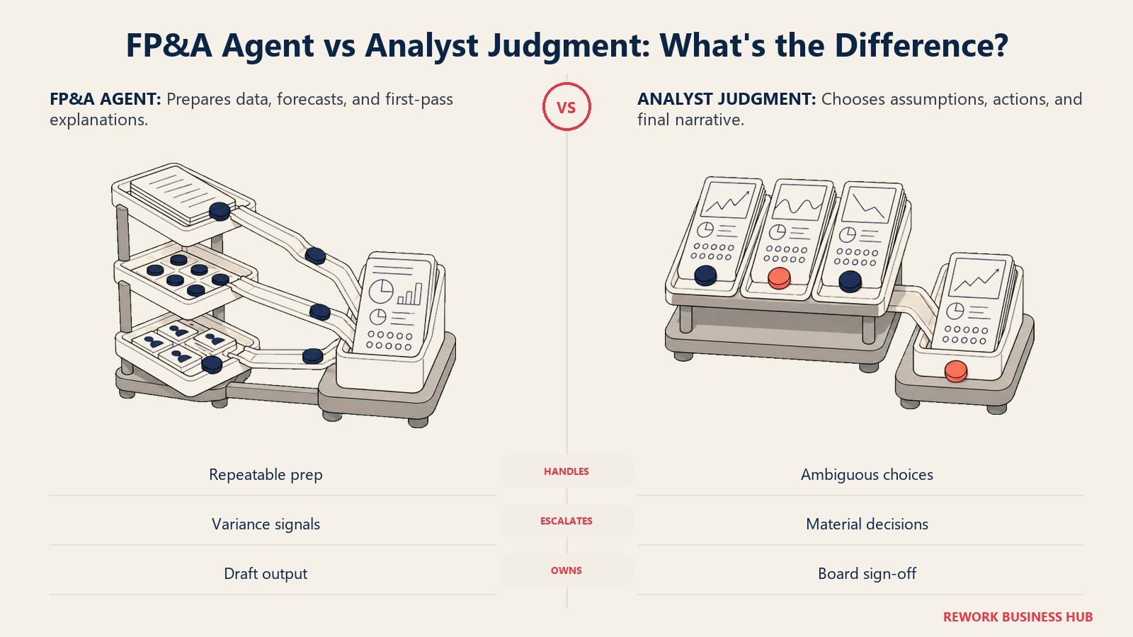 FP&A agent and analyst judgment compared as an automated preparation relay beside a scenario decision desk