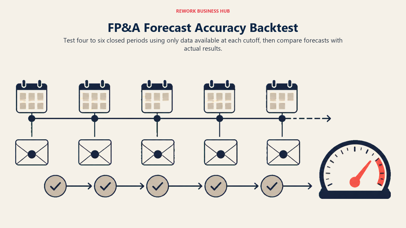 FP&A forecast accuracy backtest shown as time-locked forecast envelopes compared with later actual-result seals
