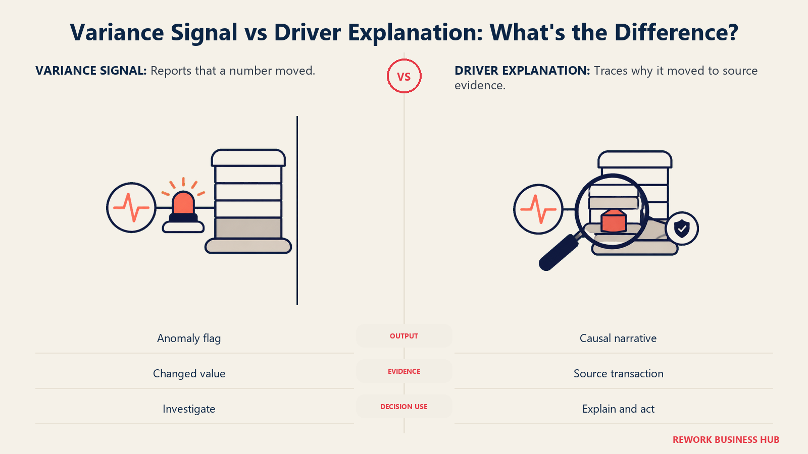 Variance signal and driver explanation compared as a warning beacon beside a lens tracing the same signal to its source