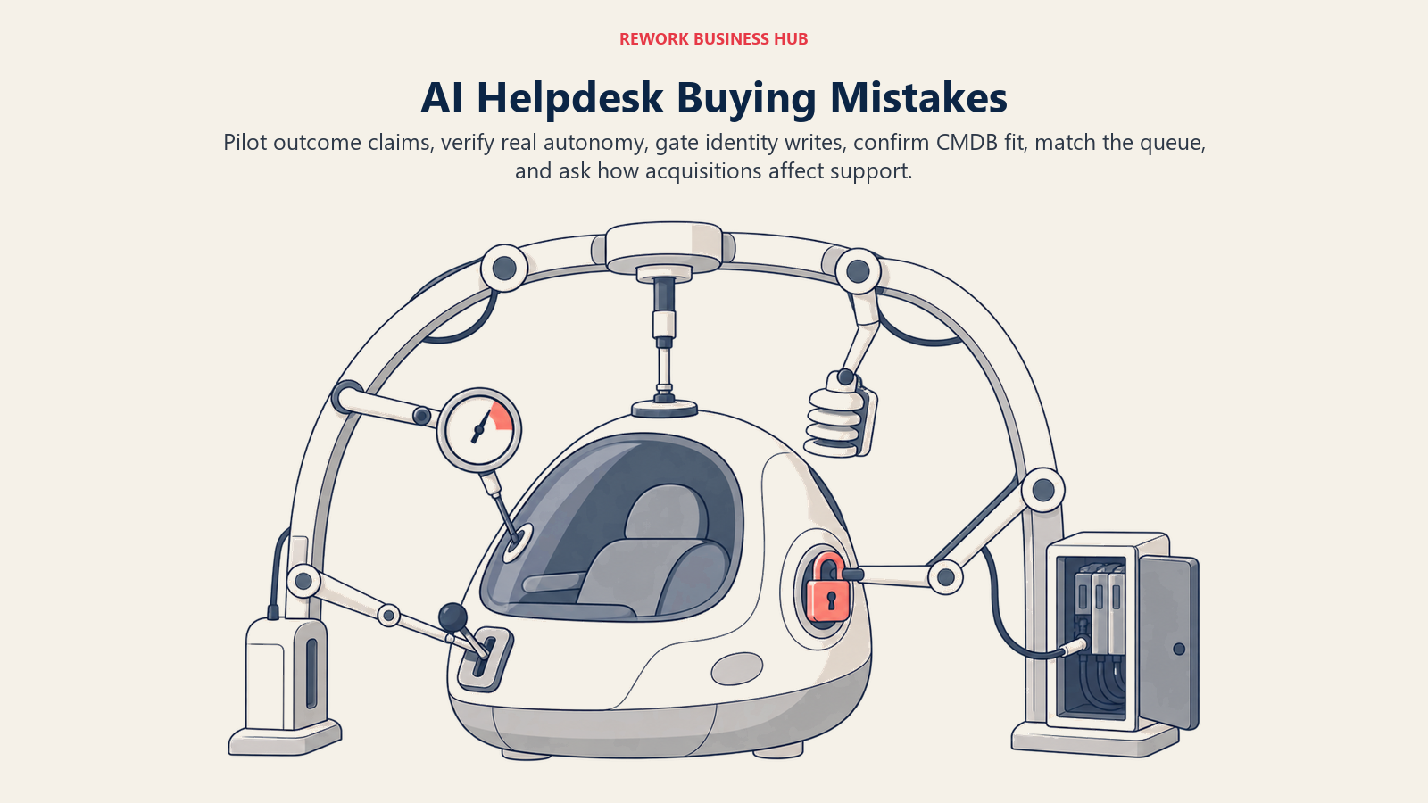 Helpdesk AI procurement safety inspection checking inflated deflection claims, copilot autonomy, access approvals, CMDB grounding, queue type, and acquisition continuity